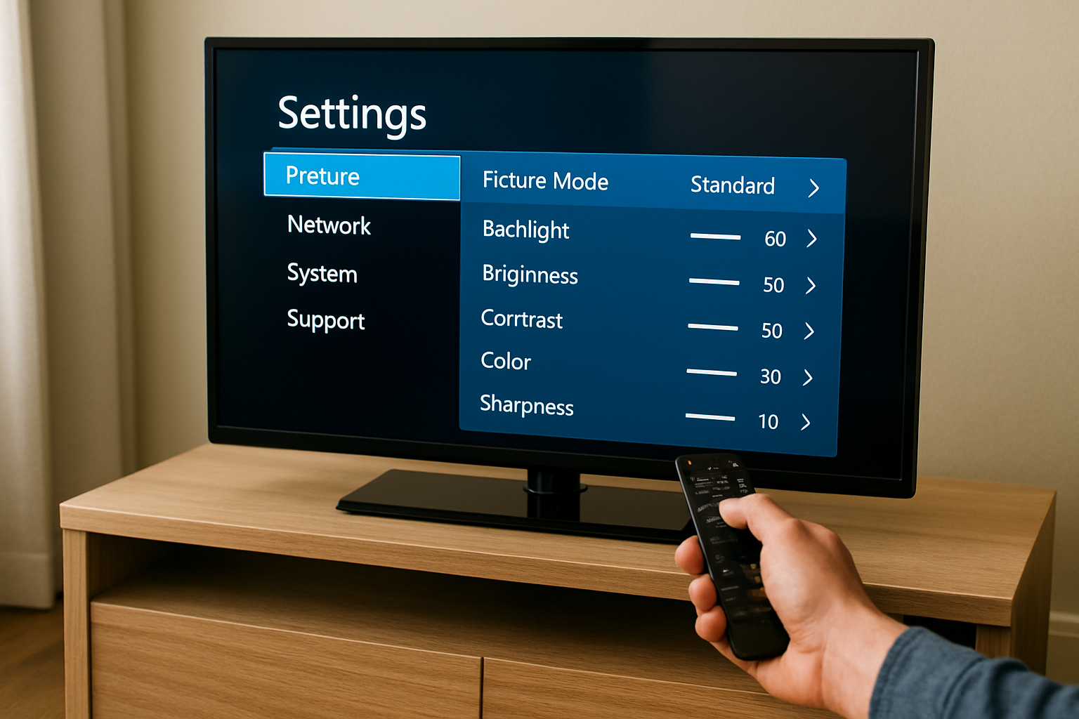 Person adjusting TV picture settings using remote control, with brightness, contrast, and color options displayed on the screen.