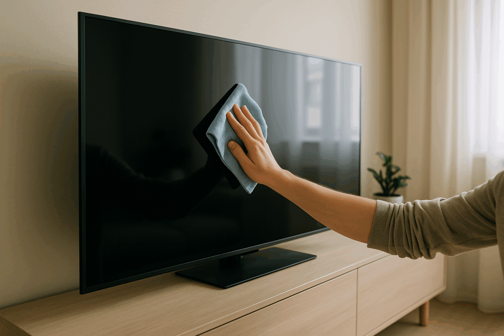 How to clean a TV screen safely — wiping flat screen with a microfiber cloth to avoid scratches