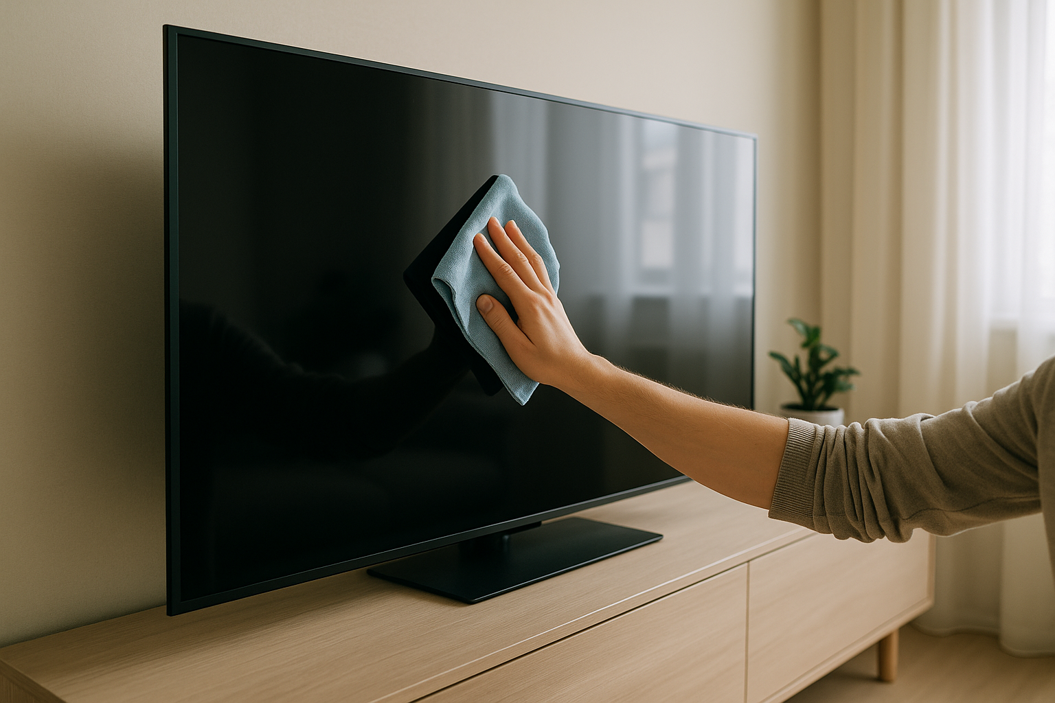 How to clean a TV screen safely — wiping flat screen with a microfiber cloth to avoid scratches