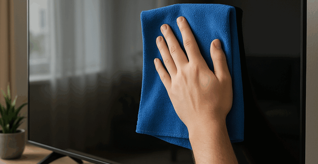 Person wiping a modern TV screen with a blue microfiber cloth in natural light